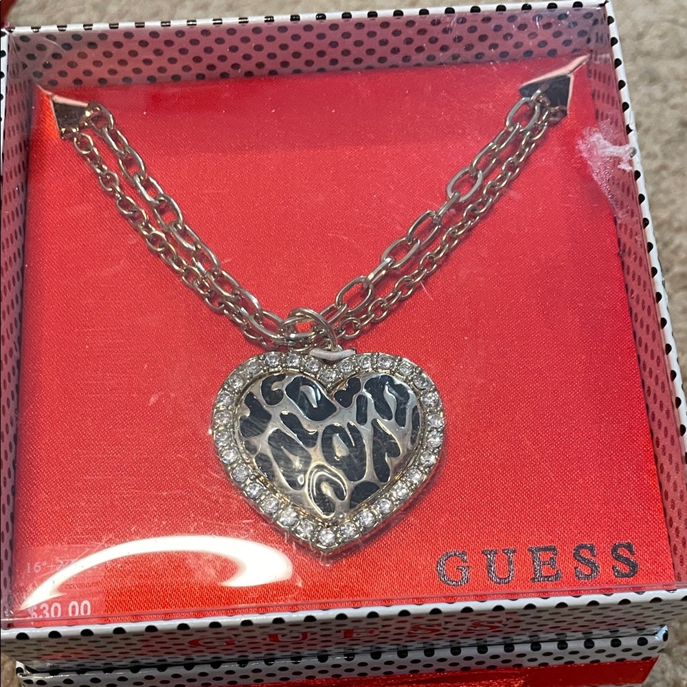 GUESS Silver and Black Heart Necklace